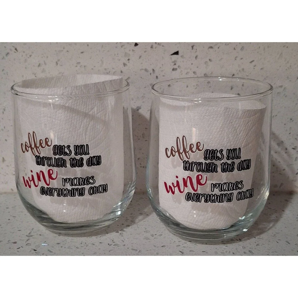 Stemless Wine Glasses 2 Coffee Gets You Through the Day Wine Makes Everything Ok
